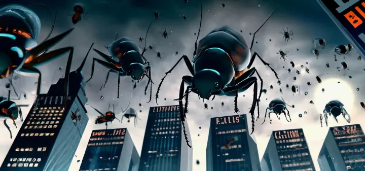 A swarm of giant bugs hovering over big tech.