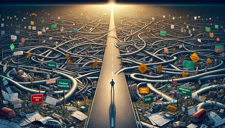  A figure before a maze of roads contrasts a clear path, denoting product roadmap chaos versus user simplicity.